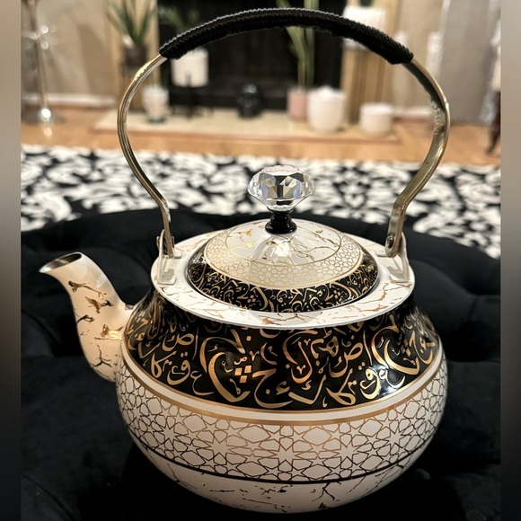 Ornate Unique Arabic Style Tea Kettle Black Cream Gold Patterned Vintage Look - Picture 1 of 16